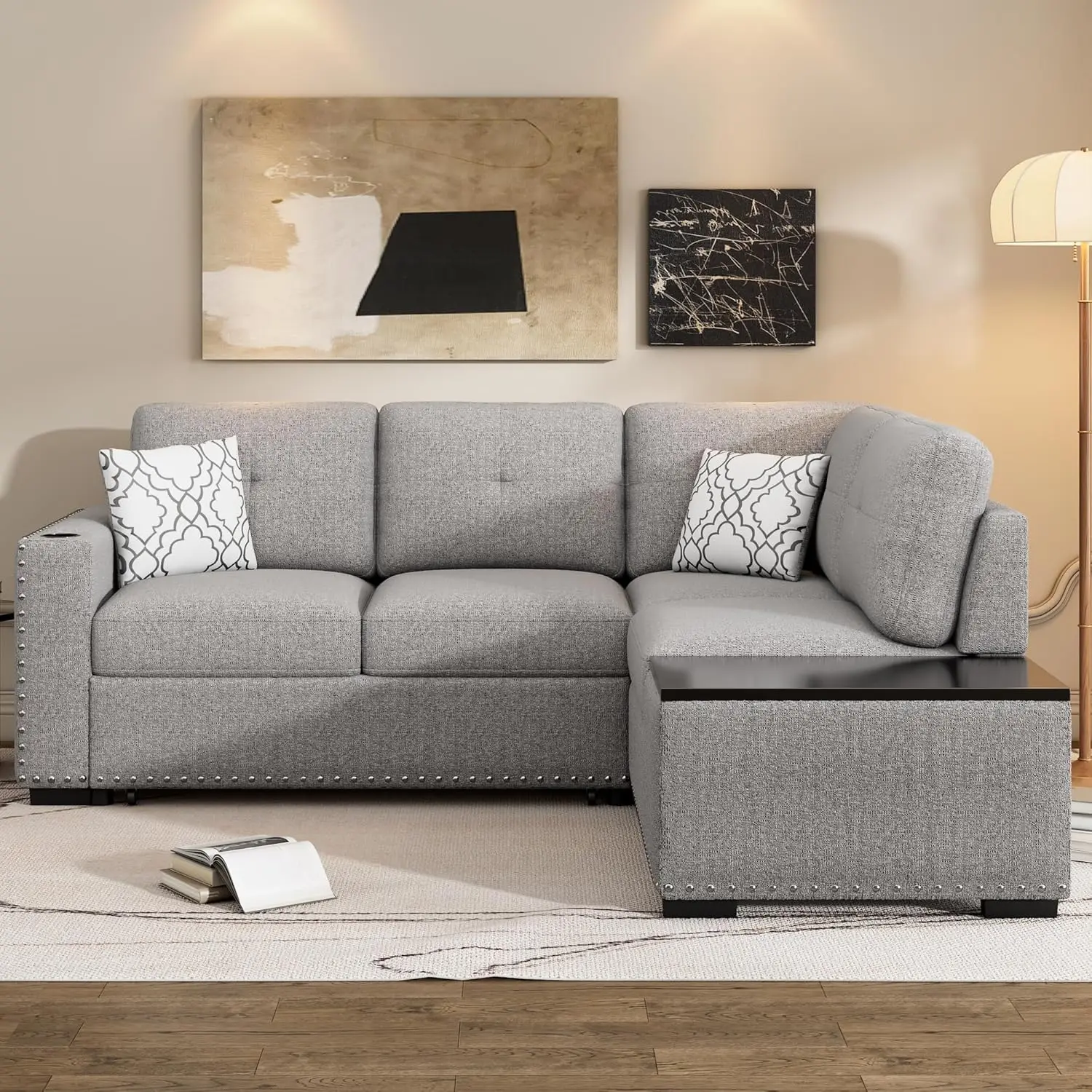 Modern Upholstered L-Shaped Corner Sofa Couch With Storage Chaise And Cup Holde, 83.8