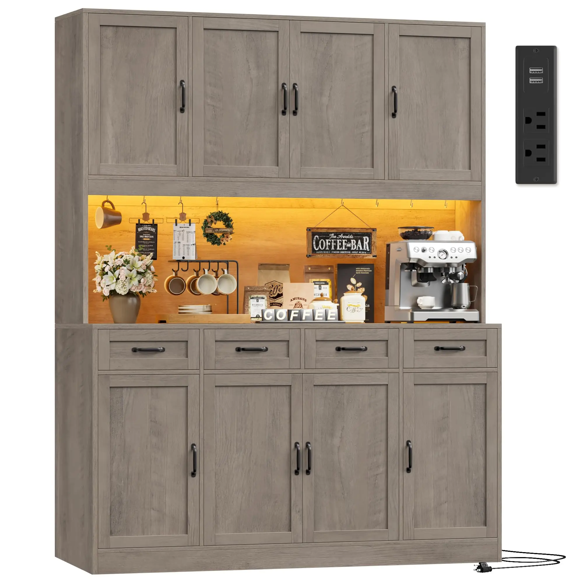 Tall Kitchen Pantry Storage Cabinet, Large Charging Hutch, Ash Gray