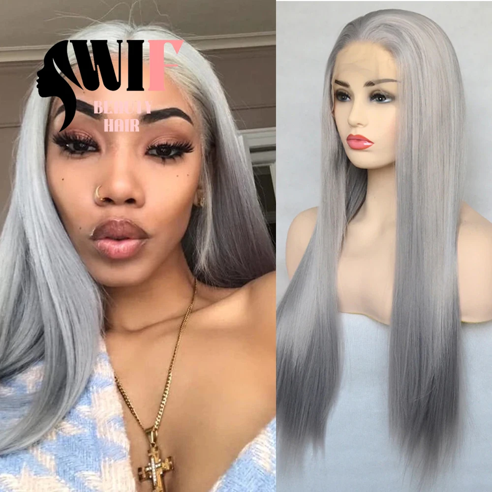 Wig sintetis abu-abu panjang renda lurus Wig depan sutra lurus bagian bebas Wig sintetis serat panas garis rambut alami penggunaan Cosplay rambut wanita