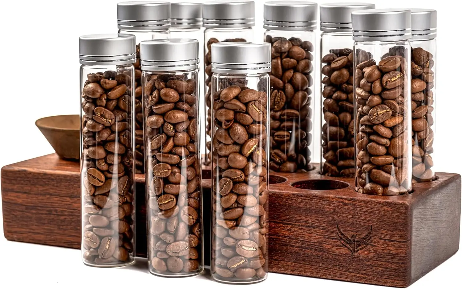 Single Dose Coffee Bean  Tubes  Coffee Bean Cellar 10 Pcs Dosing Glass Vials With Lids (2 Oz) Wooden Display Stand And Funnel