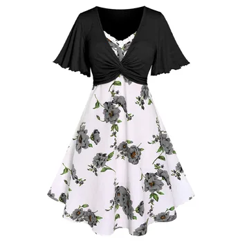 Rosegal plus size vestidos femininos duas peças conjunto novo chegou torcido mergulhando colheita superior e flor 3d impressão cinta de espaguete vestido