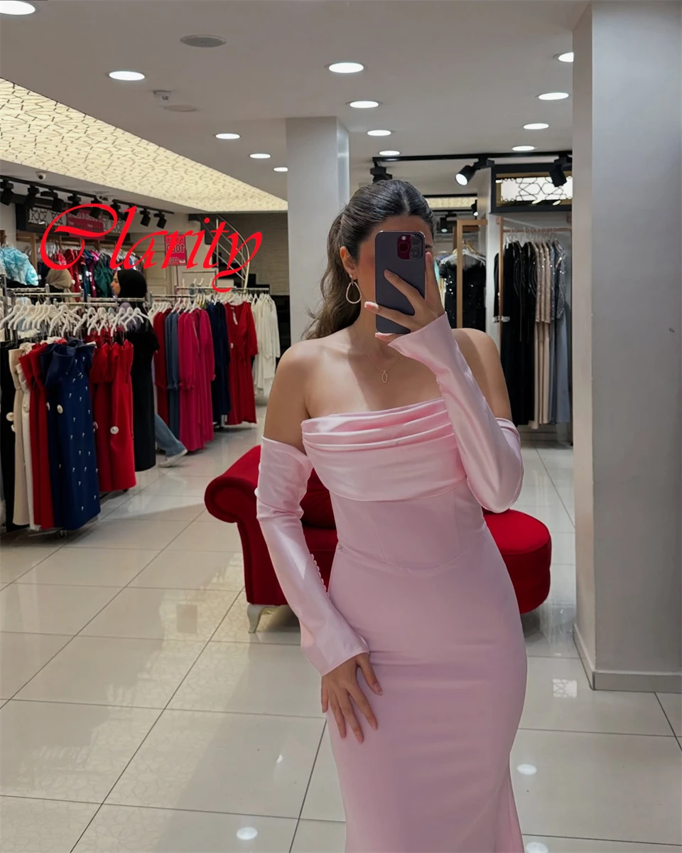 

Customized Formal Pink Jersey Evening Dress Graceful Strapless Off the Shoulder Long Sleeves Zipper Back Special Occasion Gowns