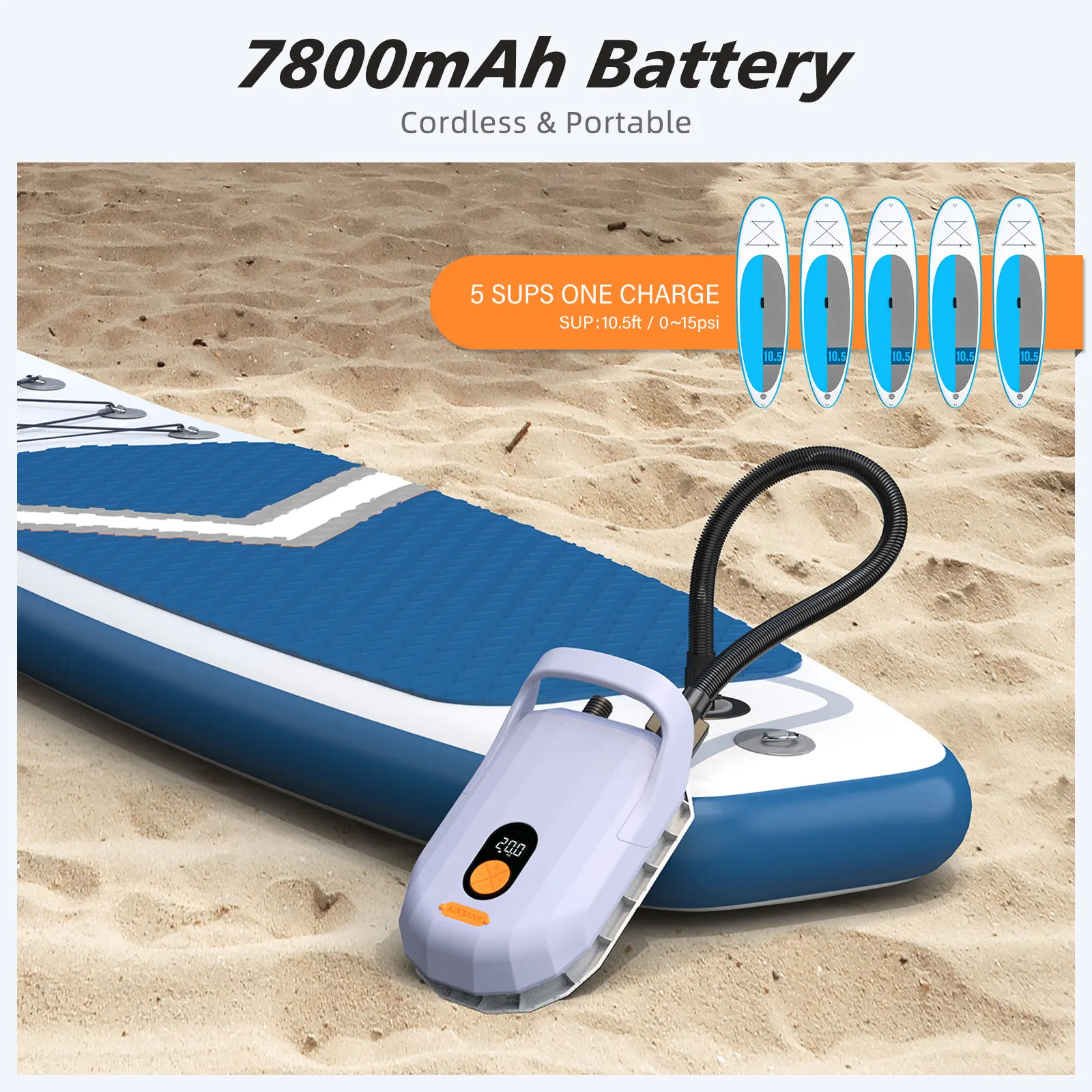 AIRBANK SUP Electric Air Pump with Battery 7800 mAh 20 PSI Max Rechargeable 12 V DC Car Connection Pump for Boards, Surf Kite