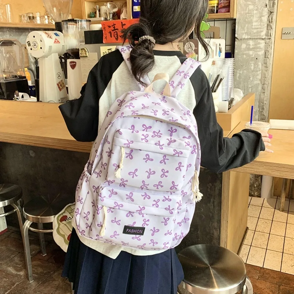 Cute Bow Printed Students Backpack Large Capacity Nylon Book Bag Adjustable Strap Travel Rucksack Travel