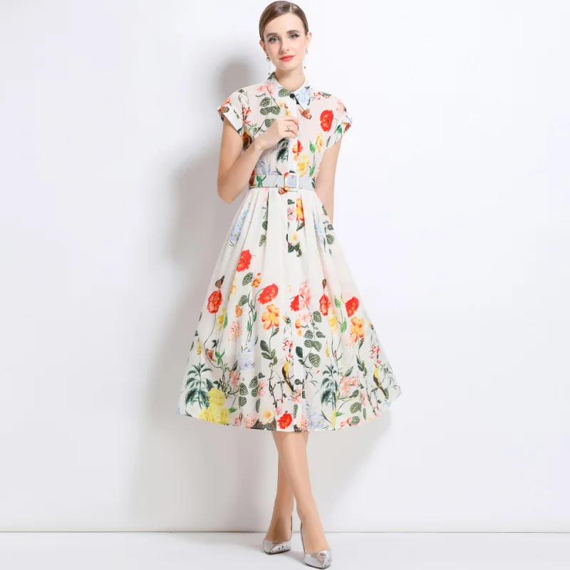 Summer 2025  Collar Printed ort Sve Midi Dr High Waist Thi Material Women's Faion  Ne irt Dr