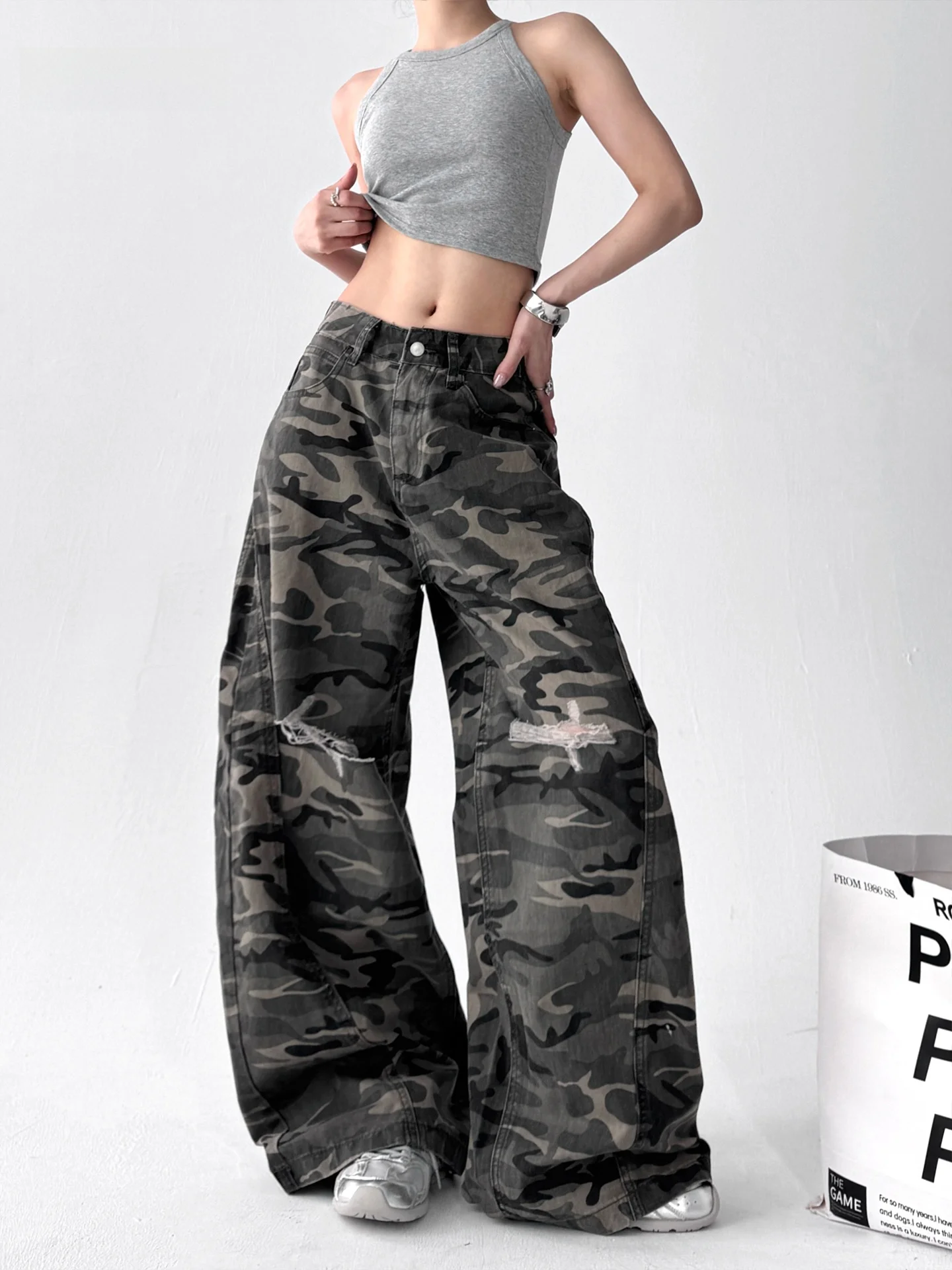 

High Waist Loose Fit Denim Jeans Women's Summer Casual Wide Leg Pants Hole Design Personalized Slimming Cotton Blend