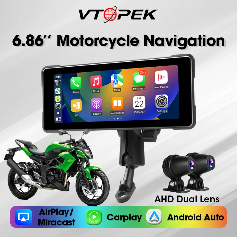 Vtopek 6.86'' Portable Motorcycle Wireless Apple Carplay Android Auto LCD Display IP67 Waterproof Monitor GPS Navigation Screen