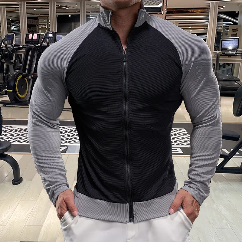 

Simple Solid Men's Long-sleeve Sport T-shirt Versatile Outdoor Color-block Fitness Breath Quick-dry Run Stand-up Collar Men Wear
