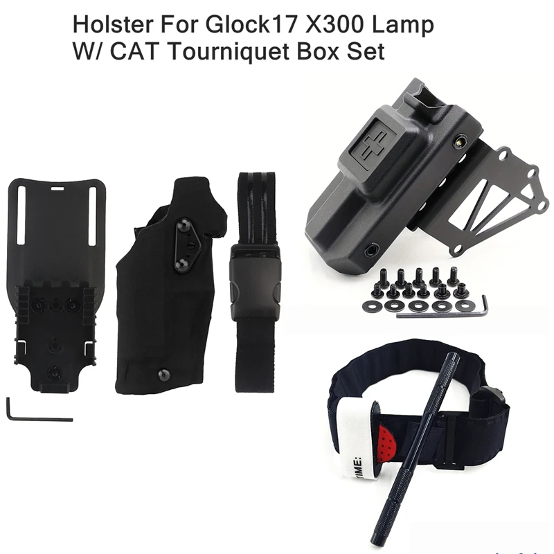 

CLUSGO Tactical Gun Holster with CAT Tourniquet Storage Box Set Low Ride Belt Pistol Holster For G17 X300 Lamp