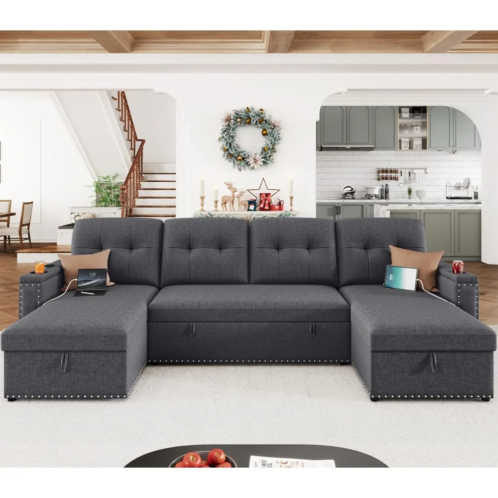 

112" Sectional Pull Out Couches for Living Room with LED Lights & USB Port- Sleeper Sofa Couch w/Storage Chaise & Storage Armre