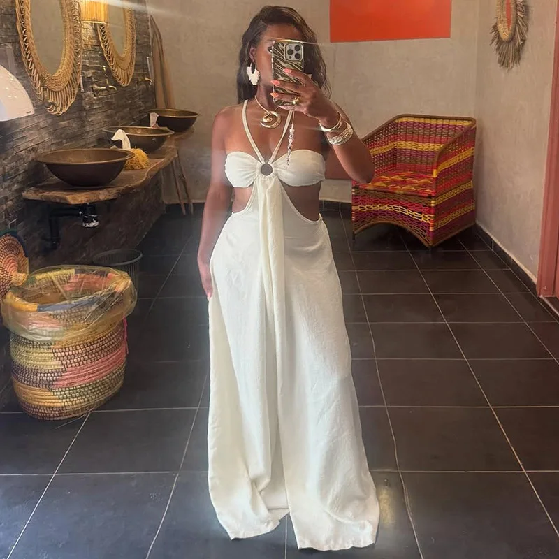 HG Sexy Hollow Baggy Jumpsuits Woman Lace-Up Halter Off Shoulder Backless Hot Girls Prom Party Ruched Elegant Style Overalls