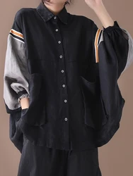 Fashion Spring Tops Ladies Black Patchwork Shirts Womens Vintage Loose Batwing Sleeve Blouses Female Casual Spring Clothes 2022