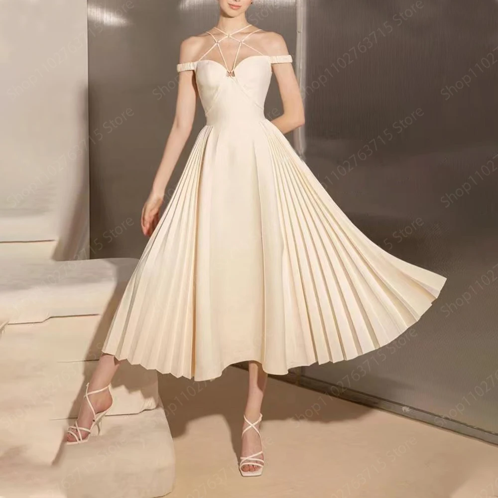 

Elegant Midi Prom Dresses for Women Backless Tea-Length A-Line Pleats Prom Party Wedding Gala Dress Special Events Maxi 2024