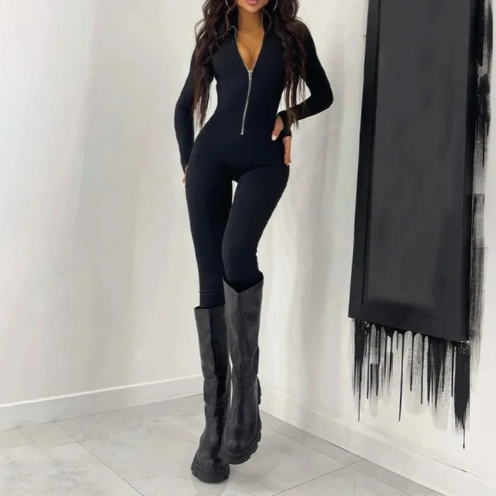

Stretch Slim Fitness Workout Skinny Jumpsuits Women Solid O Neck Long Sleeve Zip-up Peach Hips Yoga Overalls Casual Rompers