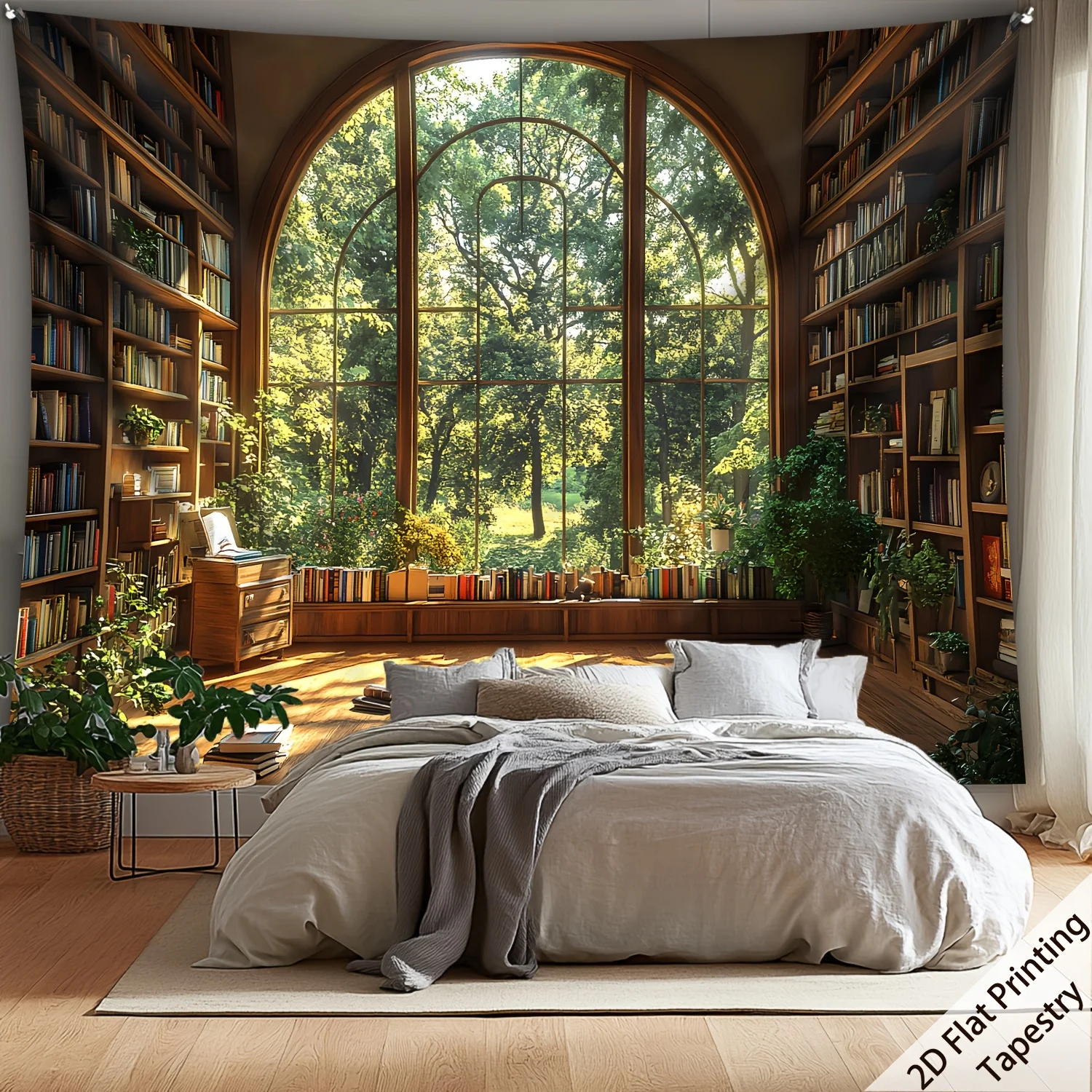 Realistic Library Bookstore Window Tapestry Wall Hanging Decor Forest Bookcase Background Art Academic Reading Room Modern