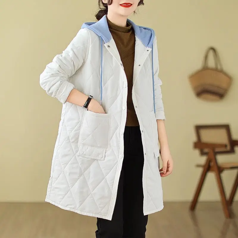 Casual Quilted Clothes 2023 Autumn Winter Down Cotton Jacket Women\'s Mid Length Diamond Plaid Loose Large Size Hooded Coat Z3097