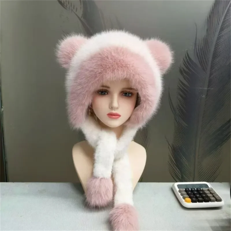 

Plush Hat Ladies Fluffy Hat Color Blocked Cap Versatile Headgear Windproof Ear Protection Stylish Warm Accessories Sweet Hat