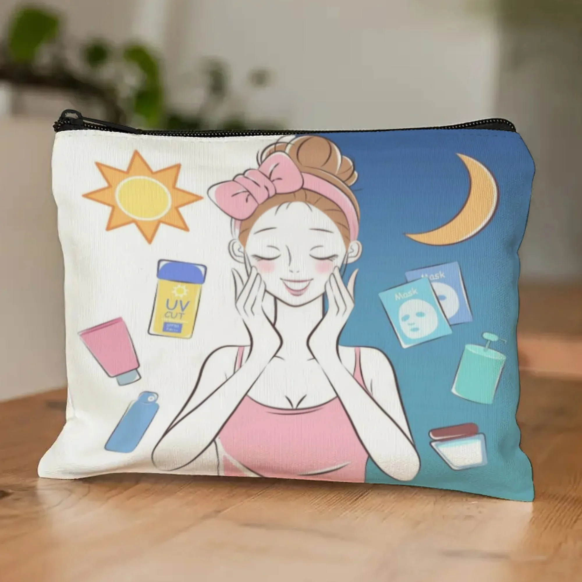 

Travel Makeup Bag For Skincare Lovers, Day & Night Themed Cosmetic Organizer With Zipper, Large Capacity Toiletry Bag