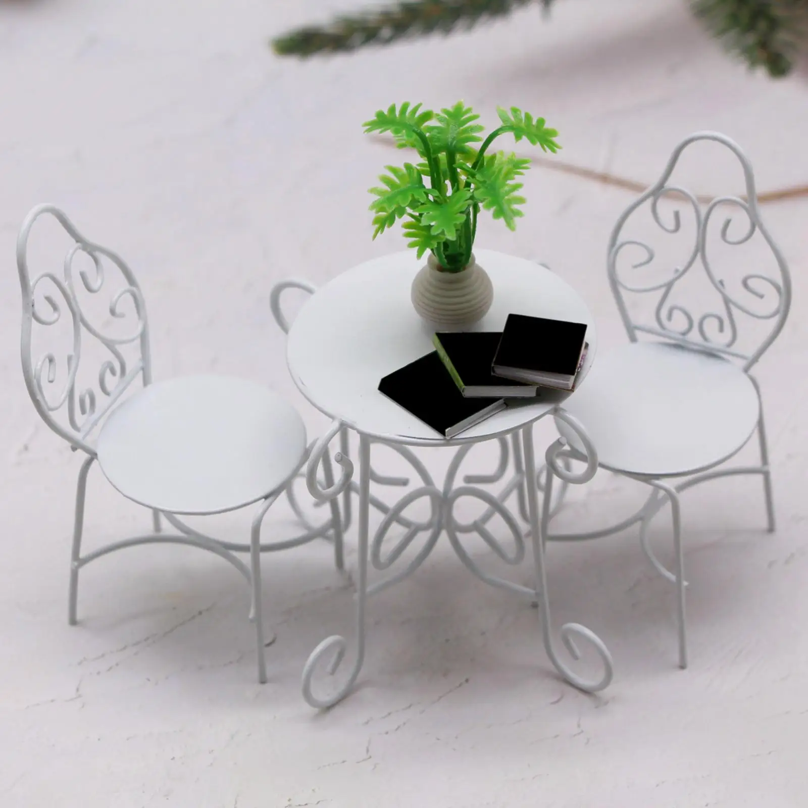 Juego de mesa y sillas en miniatura para casa de muñecas, muebles de jardín de hadas elegantes de Metal 1/12, muebles para casa de muñecas Diorama