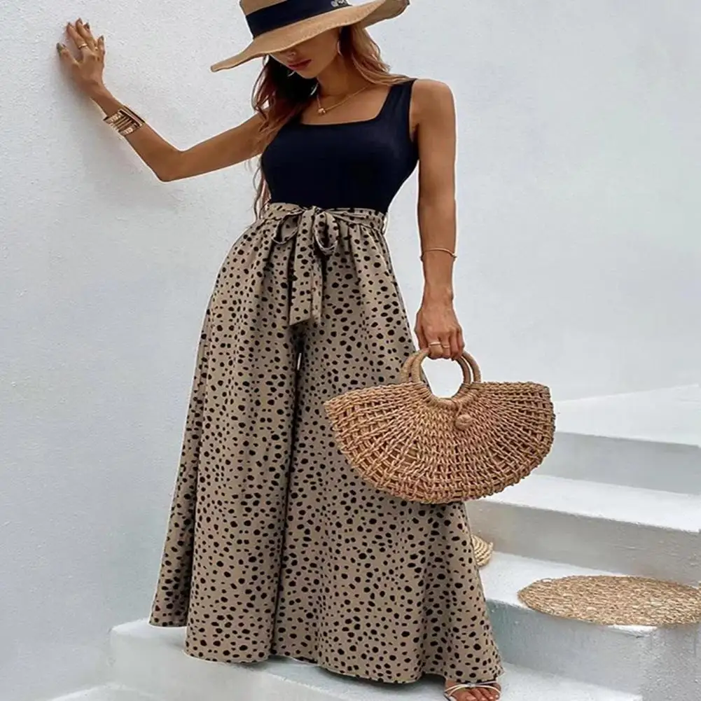 Belt Lace Up Women Jumpsuits Sleeveless Fake Two-piece Leopard Print Summer Beach Bohemian Jumpsuits Dresses Vestido Casual Robe