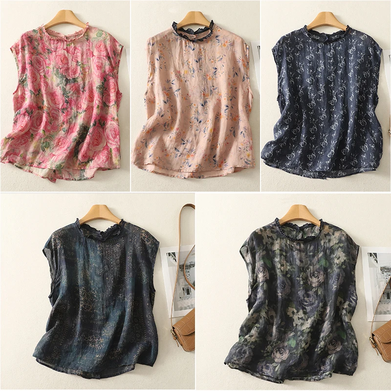 

Summer Floral Print Loose Fit round Ne Silk Cotton Blend Women's Top Vintage Preppy Sle Casual irt without Sves