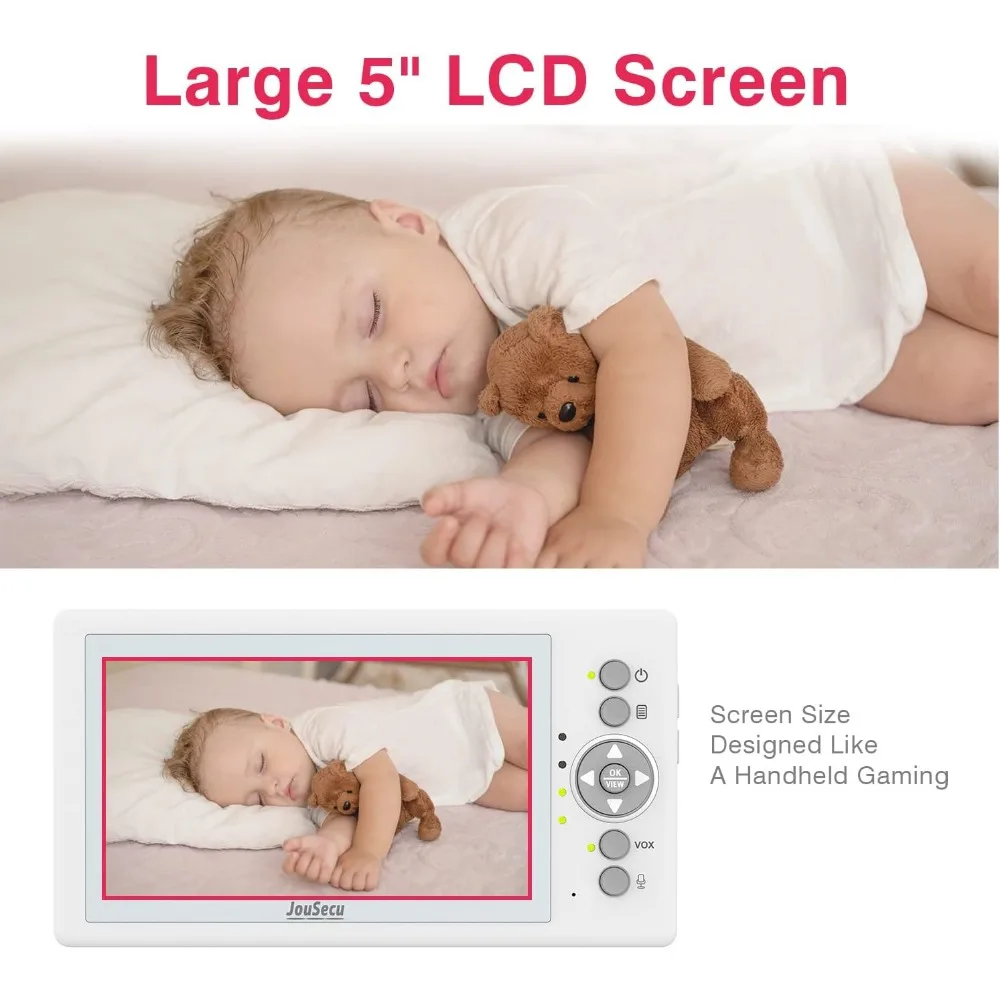 Baby Monitor with 2 Cameras, Video Baby Monitor with Camera and Audio No WiFi, 5 inch Split Screen with 20Hour Long Battery Life