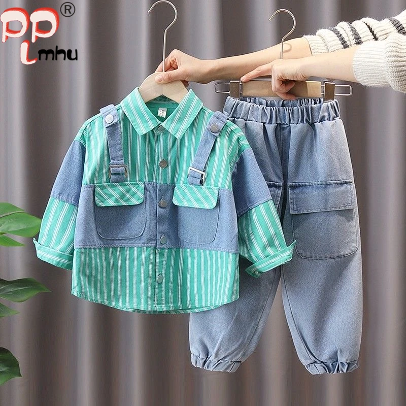 

Patchwork Striped Shirts Kids Two Piece Sets New Casual Tops Boys Ensembles Korea Streetwear Jogger Jeans Children's Suits