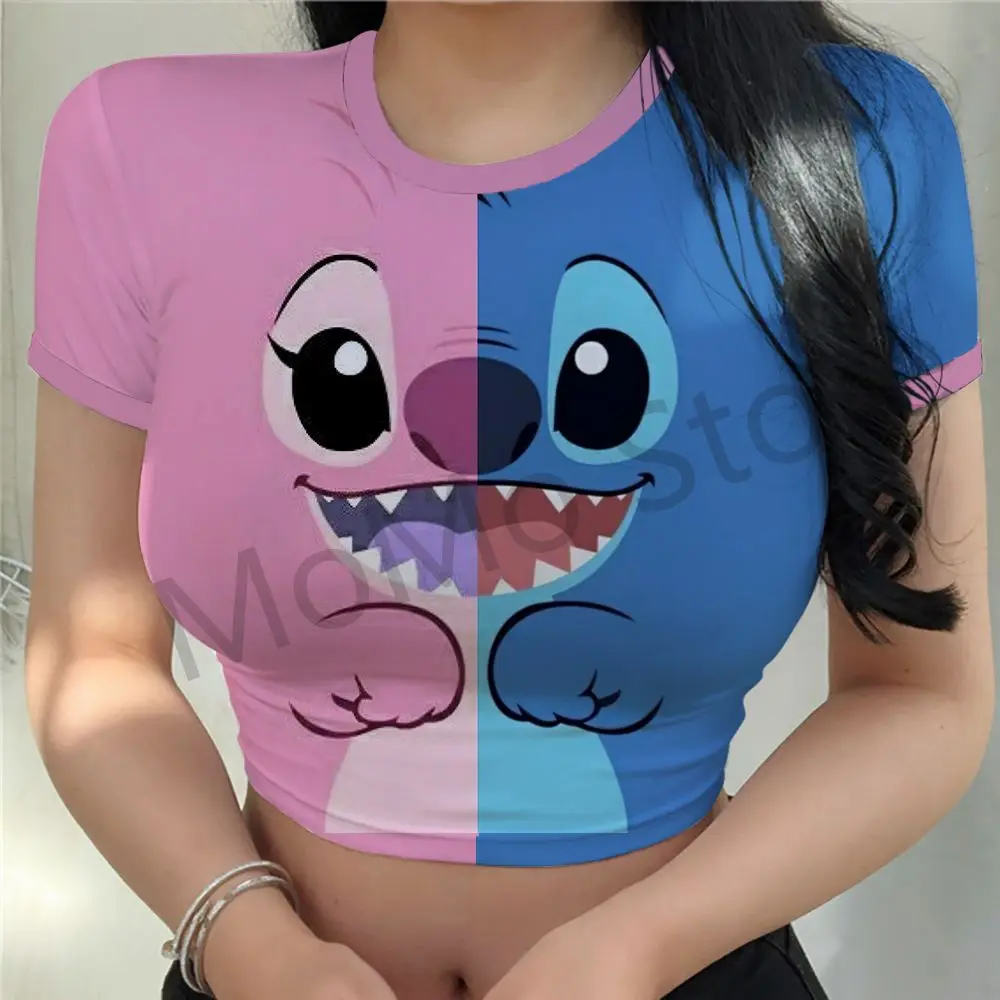 Kawaii Disney Stitch Women\'s Crop Top T-Shirt XS-3XL Party Anime Cheap Clothes 3D Short Sleeve Y2k Lovely Sale Summer O Neck