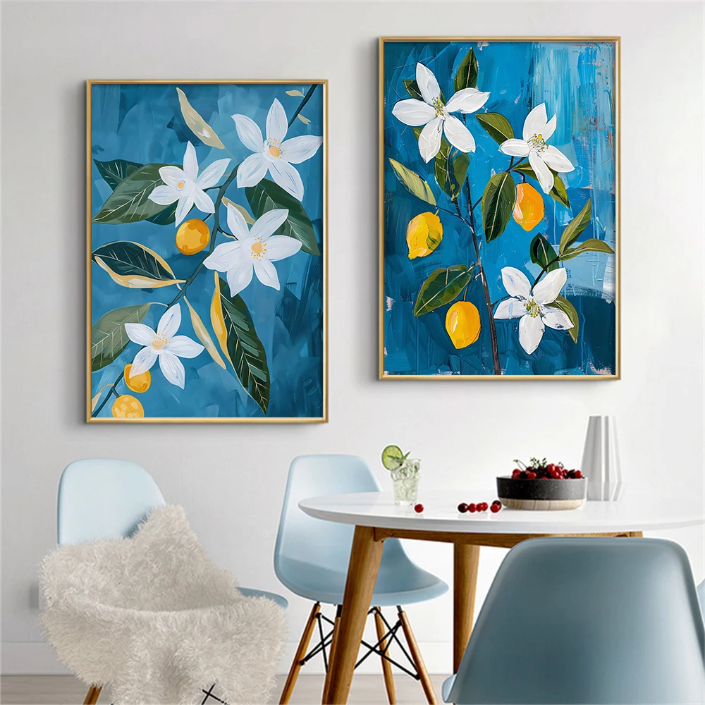 Modern Botanical Wall Art Set Blue Background Lemon Flower and Fruit Canvas Prints Abstract Citrus Blossom Posters Home Decor