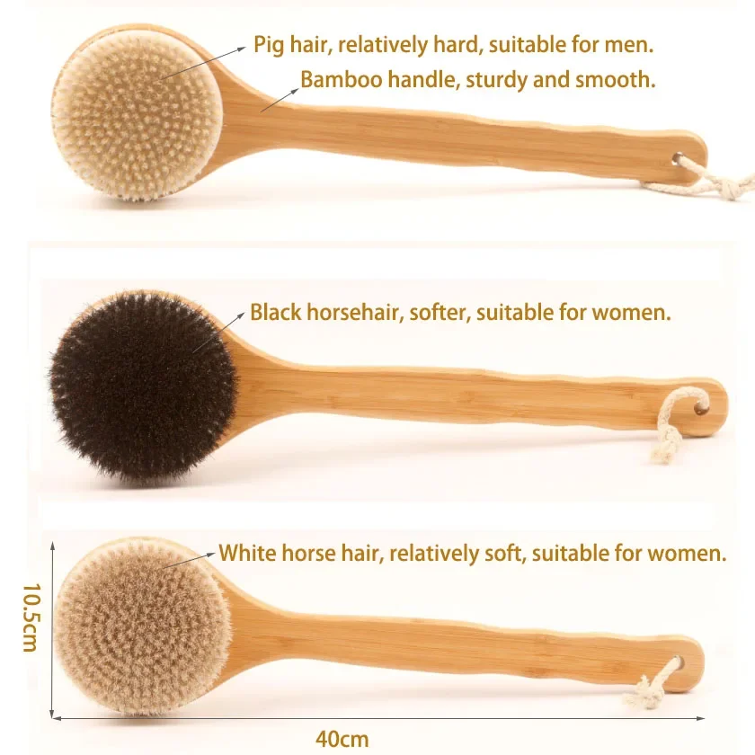 Wooden Bath Brush with Bristles Long Handle for Shower Back Scrubber Body Exfoliator, Hanging
