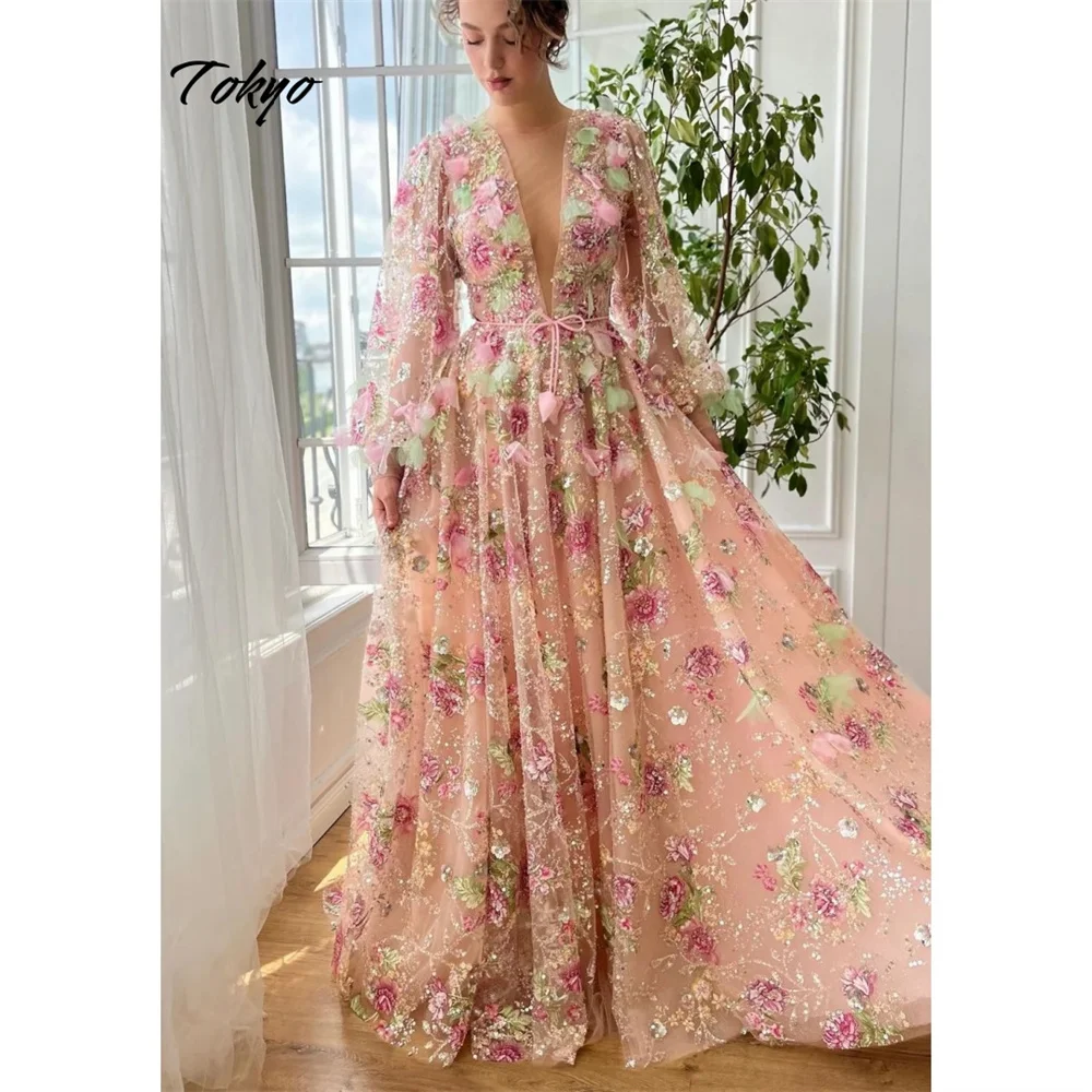 Tokyo Customized Pink V-Necklink Wedding Dresses Long Sleeves Backless Court Train Bridal Gown 2025 Flower A-Line Wedding Gown