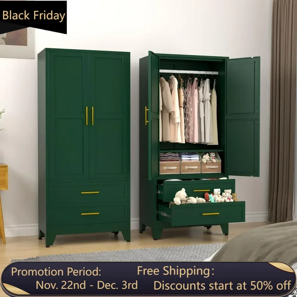 71 inch metal clothing storage cabinet with adjustable shelves and hanging bars, household steel wardrobe with drawers (green)