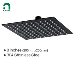 KYLINS Showerhead top-spray 8 inch Ultra Thin Rain Shower Head Stainless Steel 200X200 mm Square Matt Black. KSS108.BL