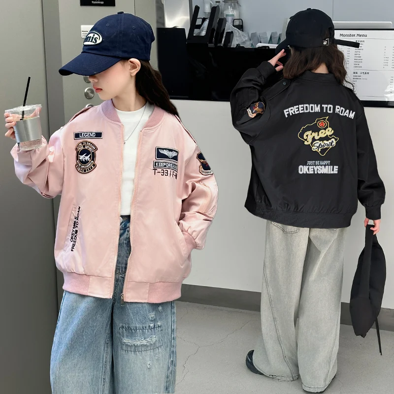 2025 spring teenage girls Embroidered baseball jacket for junior kids boys Pilots coat youth child casual overall 4 6 8 10 12 14