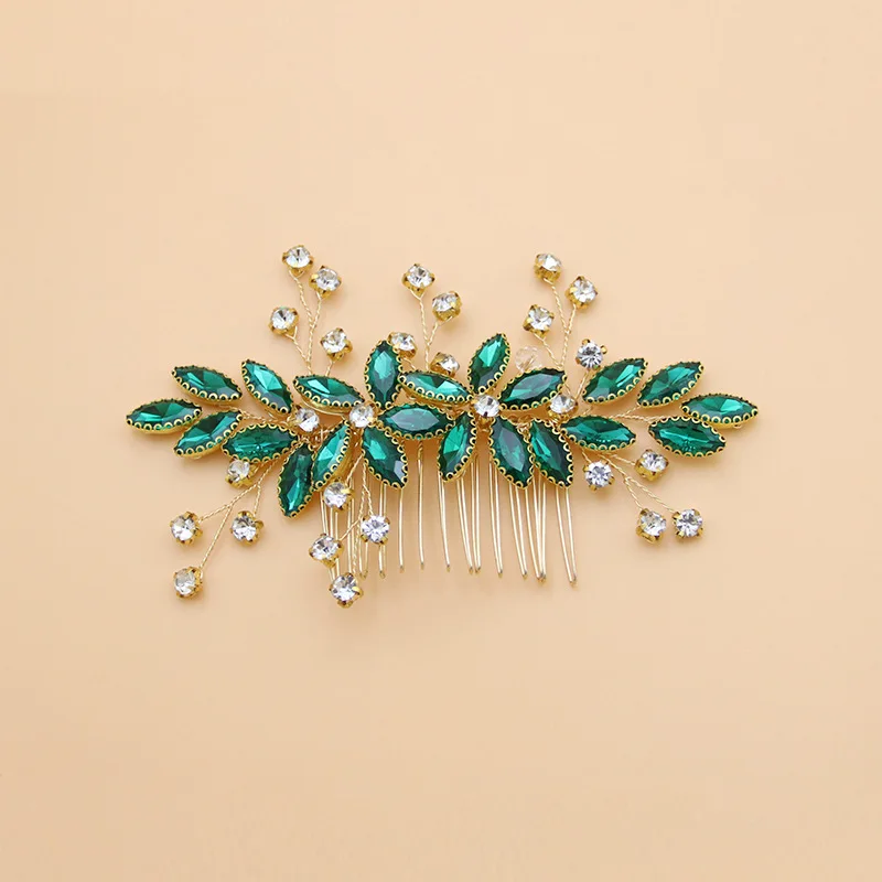 New Bride Hair Comb Green Crystal Handwoven Pearl Hair Comb European and American Style Headwear Hair Accessories for Women