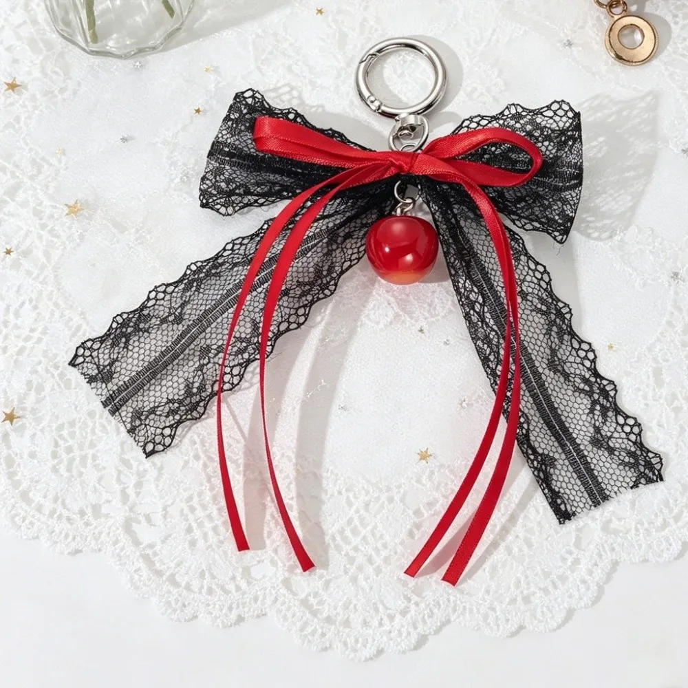 Hollow Design Lace Bow Keychain Lace Texture Exquisite Ornament Ribbon Keyring Heart Pendant Red Black Bag Pendant Holiday Gift