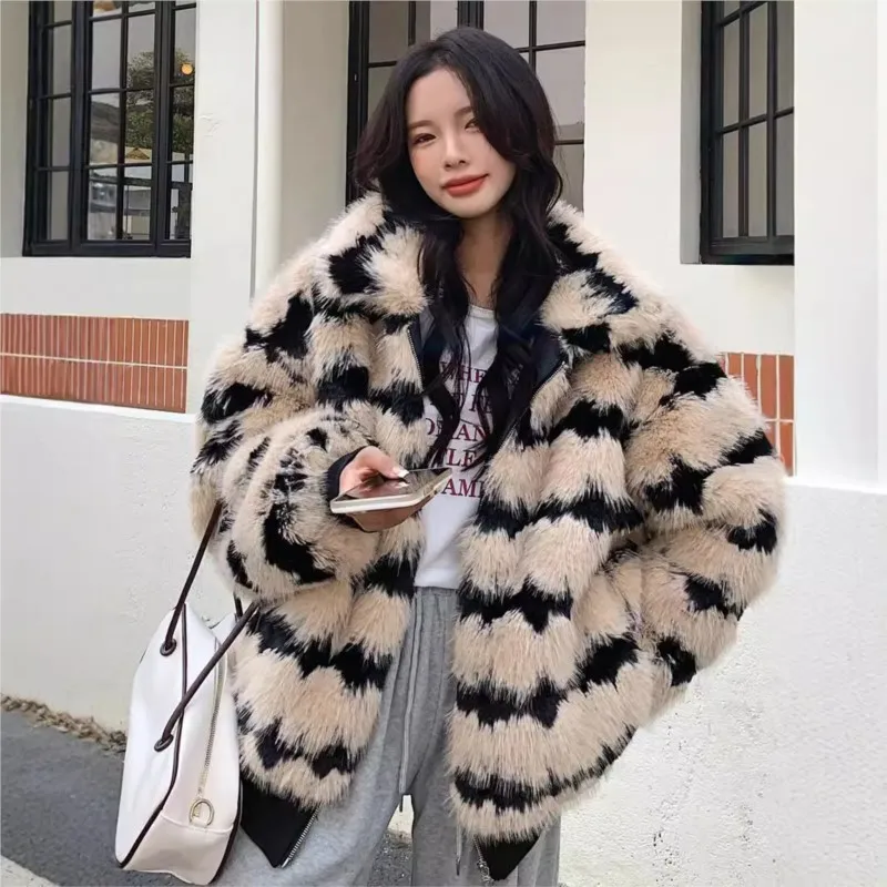 

A long wavy fur coat and striped top for women