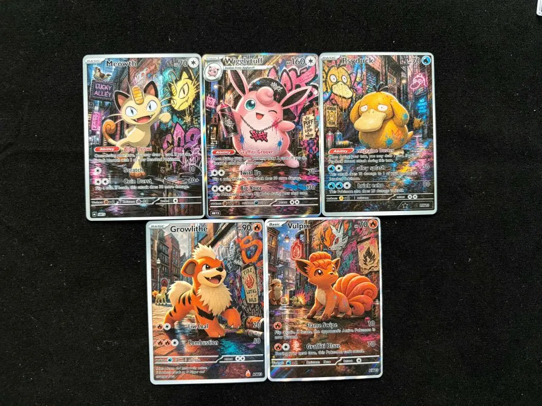 PTCG Cards Street Graffiti Set Holo Rare Cards Meowth Wigglytuff Psyduck Growlithe Vulpix PTCG Cards Gift Collection PKM DIYGift