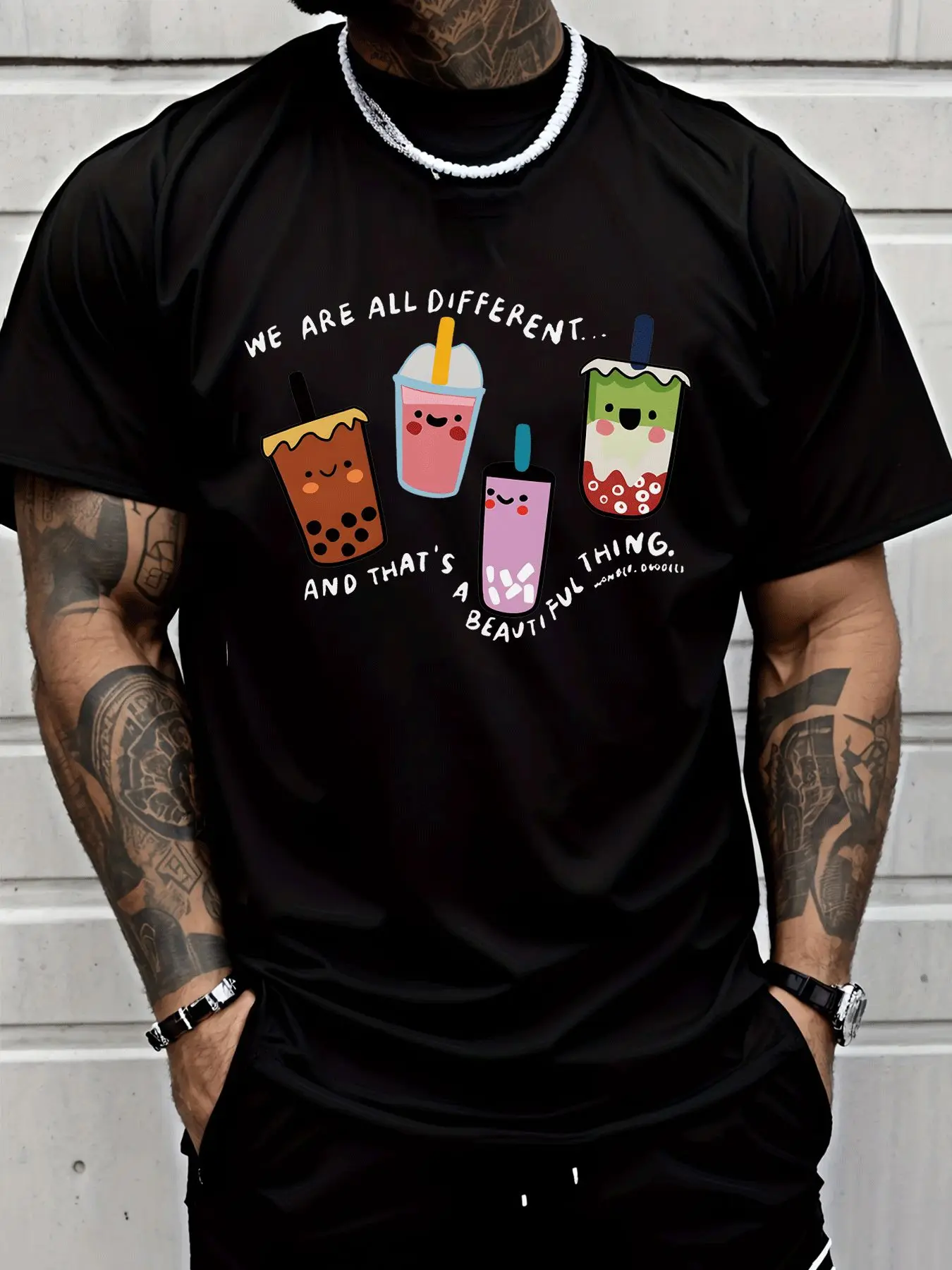 Men Red Crew Neck Tee Kawaii Multicolor Boba Tea Cups We Are All Different Positive Slogan Bubble Tea Lover Casual Cotton Tops