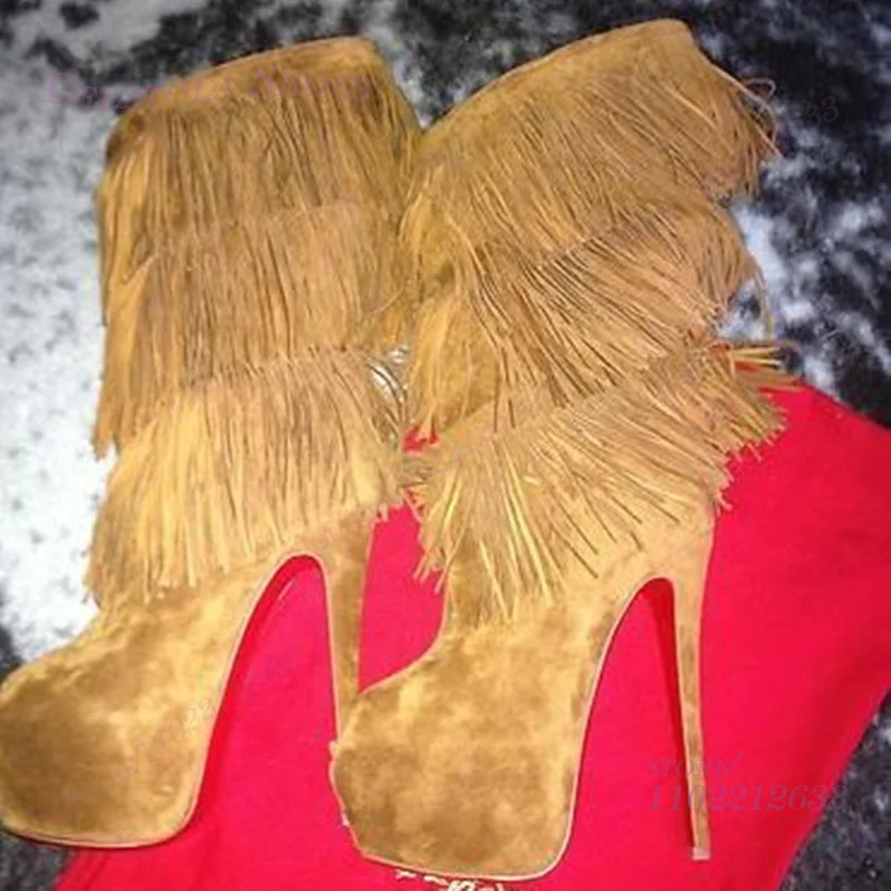 

Brown Boots With Wrapped Fabric Tassels Red Peep Toe Black Suede Long Fringes Knee Zip Platform Stiletto Heel Summer Casual Shoe