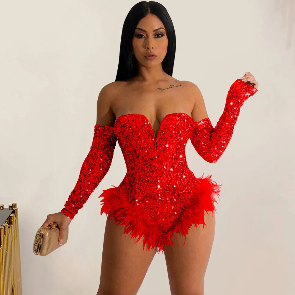 Silver Gold Sequin Feather Bodysuits Women Strapless Body Suit Tops Club Rompers Party Nightclub Sexy Bodycon Corset Jumpsuits