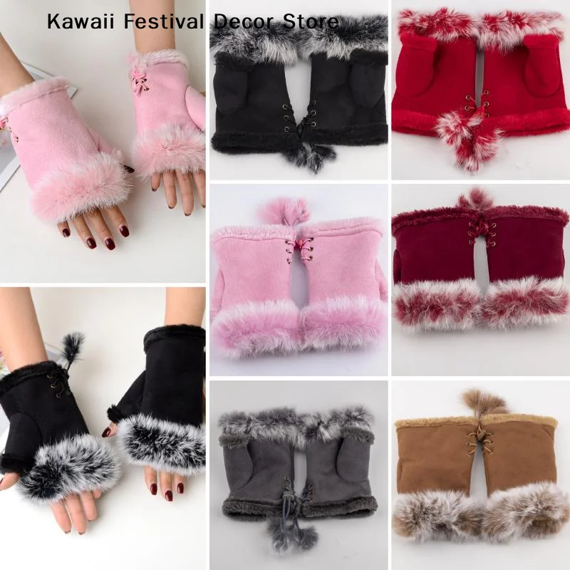 【K】Plush Fingerless Gloves Female Winter Mitten Soft Warm Women Wrist Warmers Outdoor Write Gloves Thickened Cold Protection