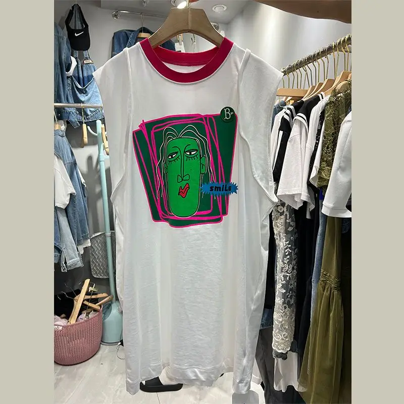 Robe t-shirt sans manches pour femmes, surdimensionnée, mode décontractée, ample, imprimé, Patchwork, col rond, mi-longue, vêtements irréguliers, été