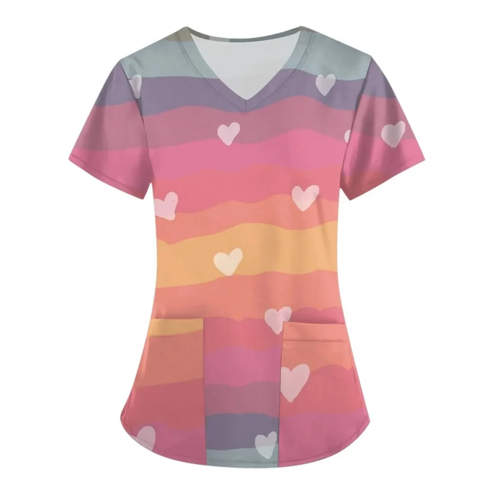 

Женская рабочая форма с принтом улыбки и сердца, с коротким рукавом, v-образным вырезом, карманами, дизайнерские топы, скрабы, медицинская клиническая униформа, женская