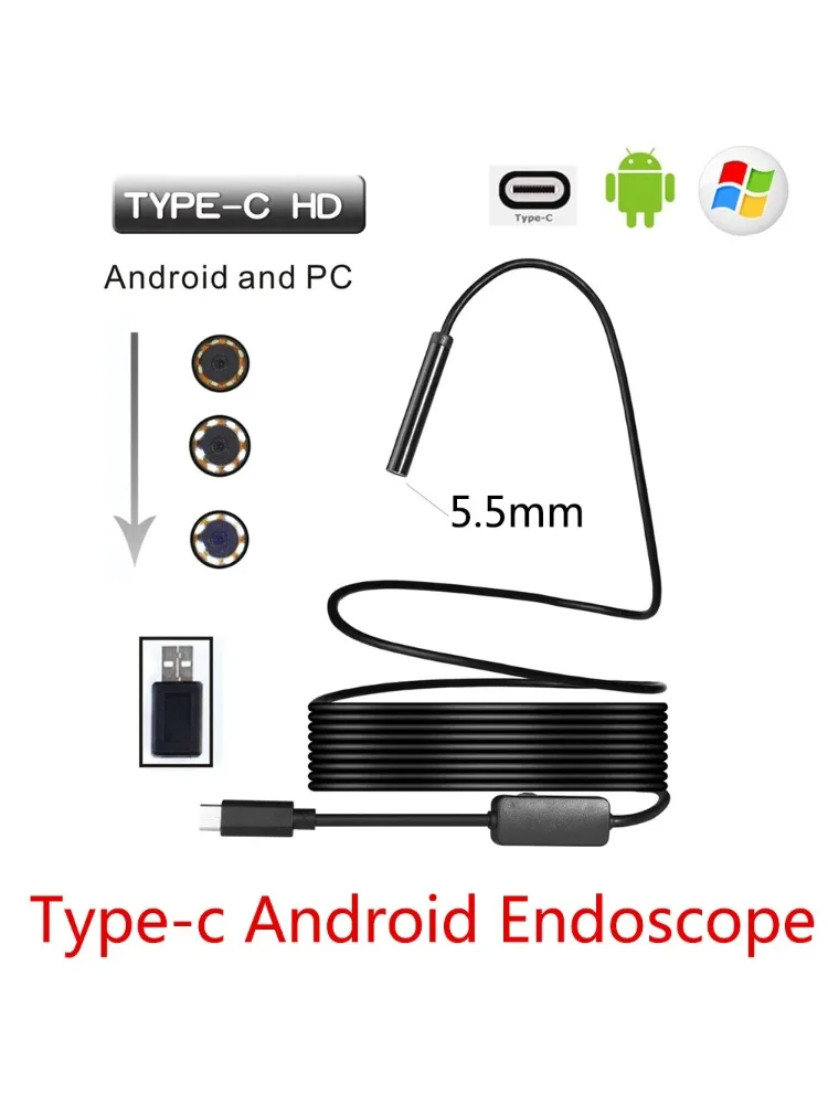5.5mm USB Type-C Android Endoscoop Camera Flexibele Slang USB Type C Harde Draad 1M 2M 3M 5M 10M Kabel Inspectie Camera Borescope