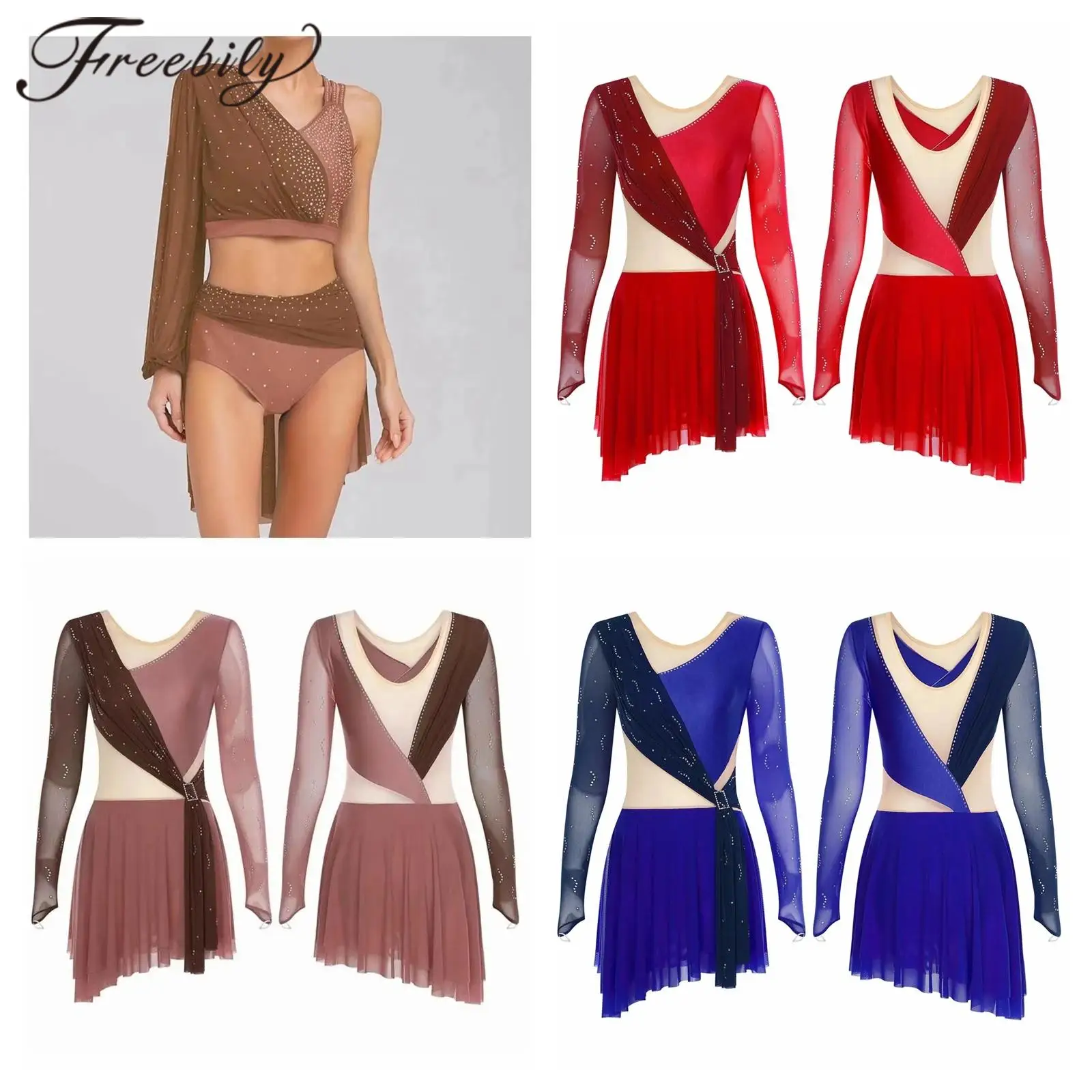 

Mesh Ballet Outfits Women Gymnastics Leotard Dress Competition Dance Costume Ballerina Long Sleeve Figure Skating Ballroom Dress