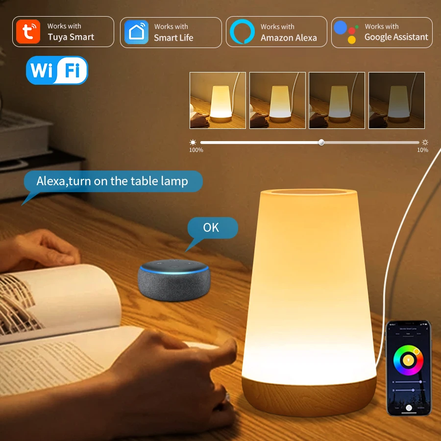 Tuya WiFi Smart Table Lamp Dimmable App Voice Control Desk Lamp RGB Touch Lamps Bedroom Night Light Work with Alexa Google Home