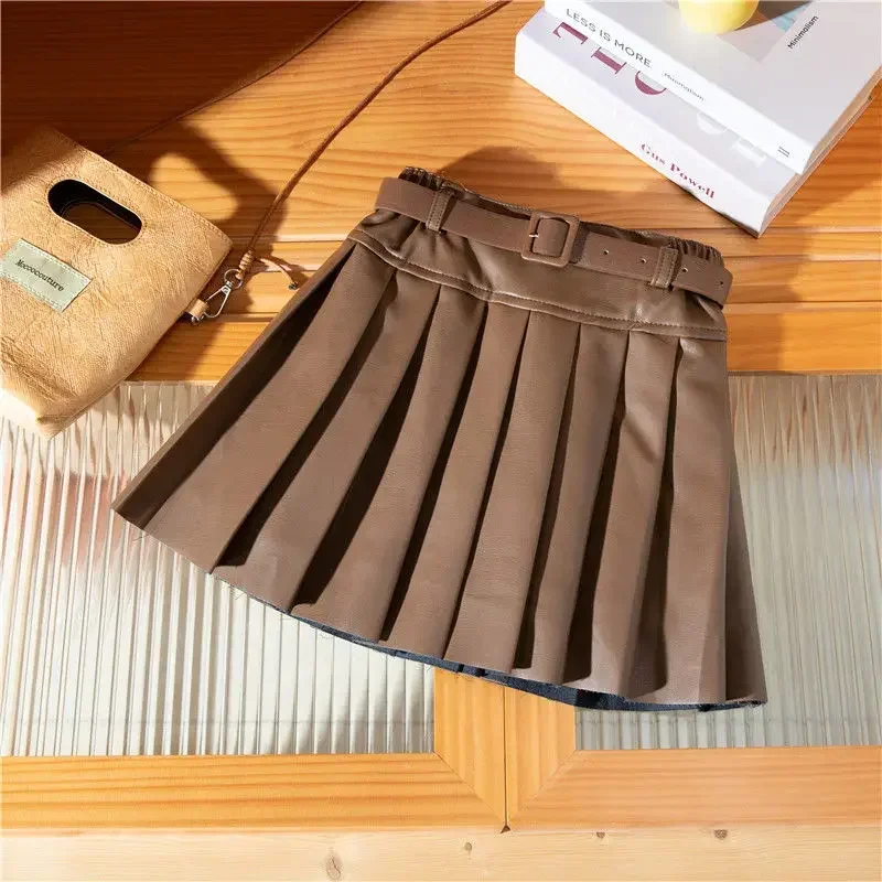 Kids Girls Pleated Skirts Black Khaki Autumn Winter Skirts 2024 New Arrival Teenage Girls PU Leather Skirt High Waist Skirts