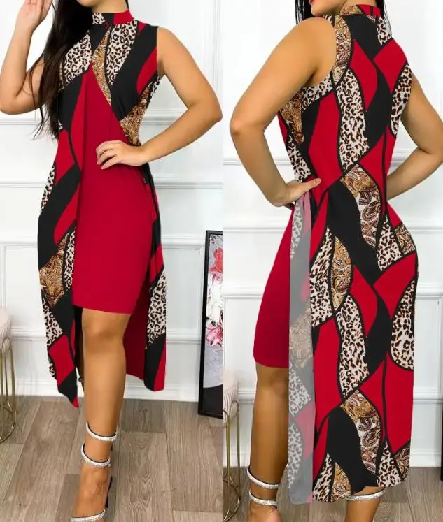 Women's Casual Dress 2024 Spring Summer Latest Mock Neck Baroque Leopard Print Slit Asymmetric Sleeveless Skirt Maxi Dress