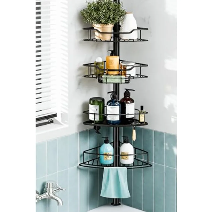 

Corner Shower Caddy Tension Pole 4 Tier Rustproof Shower Tension Rod Organizer Adjustable 25-125 Inch Bathroom Shower Organizer